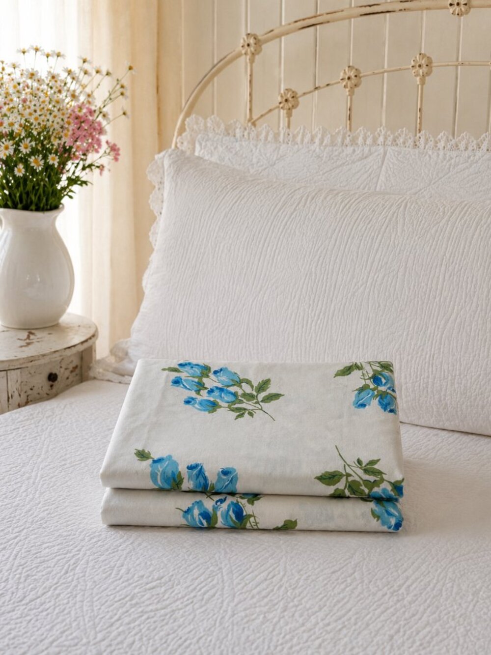 Vintage Homemade Blue Rosebud Standard Size Pillowcases